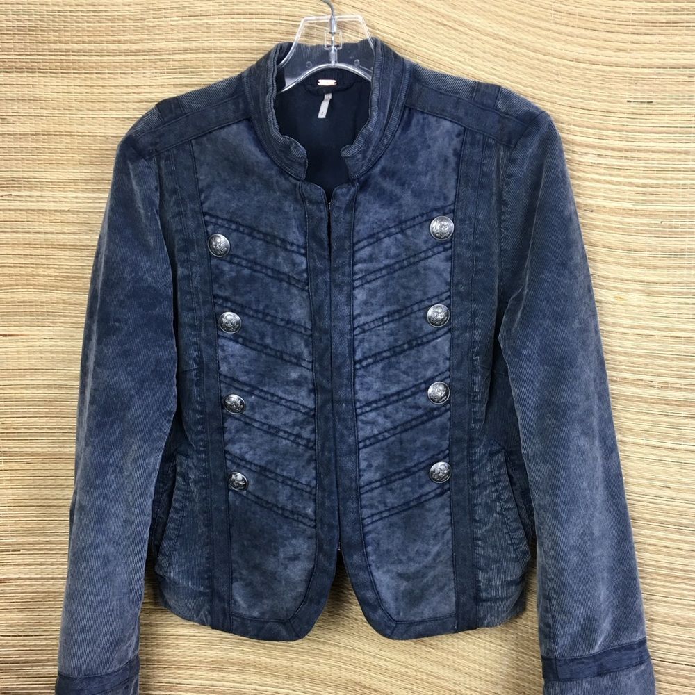 Free People Washed Cord Velvet Band  Military Jacket In Washed Blue Size S - Picture 8 of 14